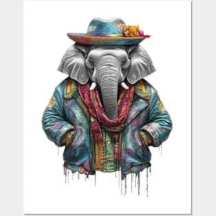 Elephant wearing a jackets hat and a scarf Posters and Art